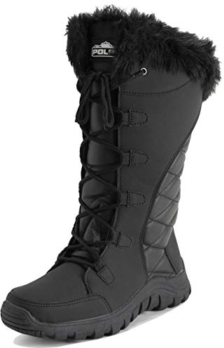 Polar Women's Knee High Winter Boots - Waterproof Fur Lined Quilted Snow Boots with Non Slip Sole, Insulated Warm Outdoor Walking Footwear - Black Leather Tall - UK8/EU41