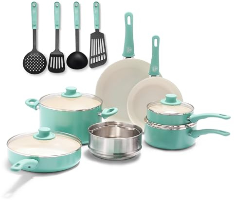 GreenLife Soft Grip Healthy Ceramic Nonstick, 15 Piece Cookware Pots and Pans Set, Induction, PFAS-Free,Turquoise