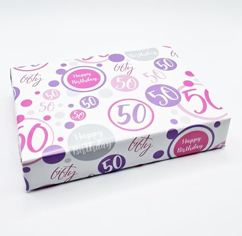 2 hojas + 2 etiquetas de regalo a juego 50 cumpleaños mujer papel de regalo para 50 años de edad, color rosa, lila y blanco