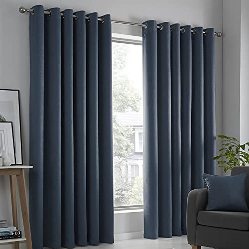 Fusion Strata Thermal Eyelet Curtains – Navy Blue – W90 x L108 (229 x 275cm) – 2 Panels – 100% Cotton – Room Darkening Drapes for Bedroom, Living Room and Doors
