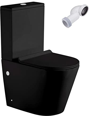 Wc Inodoro Completo Redondo Negro Mate | Inodoro Tanque Bajo con Cisterna y Asiento Extrafino de color Negro | Wc de Diseño Moderno Adosado a Pared con Salida Dual y Sistema Rimless