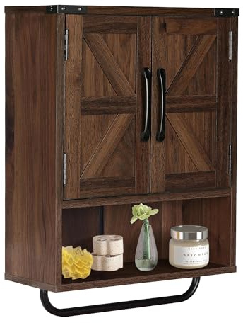 RUSTOWN Farmhouse Wall Storage Cabinet with Two Barn Door, Rustic Mounted Medicine Cabinet with Adjustable Shelf and Towel Bar, 3-Tier Wood Cabinet for Kitchen, Bathroom, Living Room (Dark Walnut)