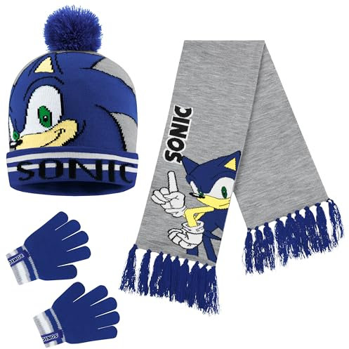 Sonic The Hedgehog Mütze Jungen Schal Handschuhe Set Kinder Wintermütze Set (4-15 Jahre, Blau/Grau 3 Stück)