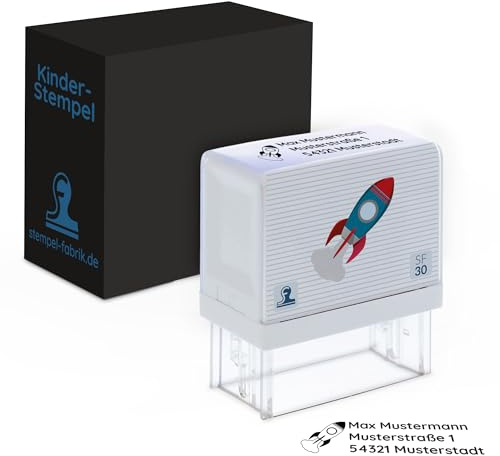 STEMPEL-FABRIK Kinderstempel Rakete, Namensstempel personalisiert | Namensstempel & Adressstempel für Kinder mit Rakete-Motiv, für Schule & Kindergarten, selbstfärbend, 47x17 mm