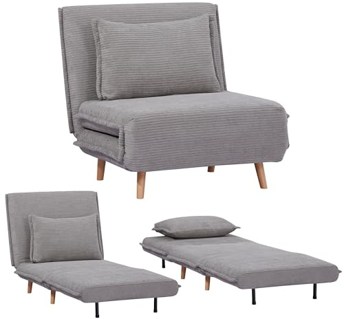 EVERGREENWEB - Poltrona Letto Trasformabile in Letto Singolo 80x190 con Materasso e Cuscino Imbottito | Divanetto Clic Clac con Schienale Regolabile 1 posto con Gambe in Legno | Grigio | VELVET