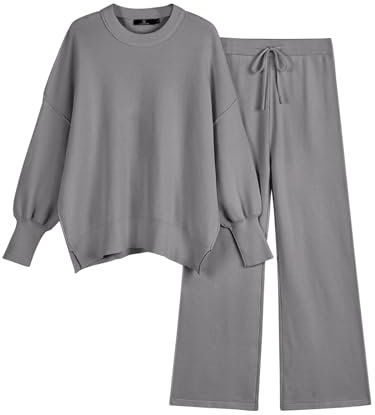 LILLUSORY 2-teiliges Damen-Outfit, Sweatsuit, übergroßer Strickpullover, Pullover, Tops, weites Bein, Hose, Lounge-Set, GRAU, L