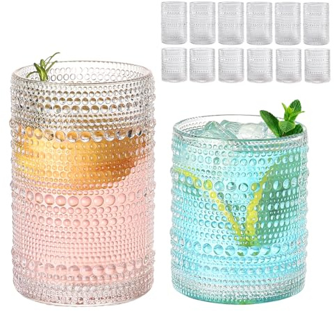 ZMOWIPDL Vintage Glassware Drinking Glasses Set of 12,Clear 12oz & 15oz Hobnail Glass Cups,Embossed Water Tumbler,for Beer,Cocktail,Whiskey,Juice and Various Mixed Drinks- 1 Cleaning Brush