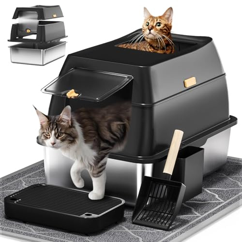 Stainless Steel Litter Box with Lid,Front Entry Top Exit Kitty LitterBox,Extra Large Enclosed Metal Cat Box with Litter Scoop & Litter Mat-Black