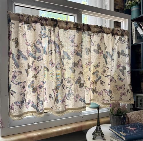 Yaland Leinenoptik Scheibengardine Bistrogardine Landhaus Kurz Küche Küchengardine Stangendurchzug mit Schmetterlingmuster Bunt Kleinfenster 1 Stück HxB 80x70cm