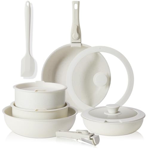 Sweetcrispy Töpfe und Pfannen Set,12-teiliges Pfannenset mit abnehmbaren Griffen Set, Pfanne 20/26 cm, Topf 18/20 cm, Bratpfanne 26 cm, Antihaftbeschichtung, Kochtopf stapelbar Induktion, Backofenfest