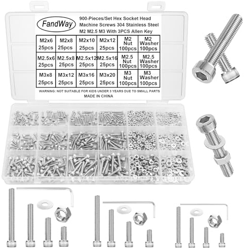 FandWay Set di 900 viti M2 M2.5 M3, viti a testa cilindrica a esagono incassato, viti a testa esagonale in acciaio inox 304, dadi e rondelle con chiave.