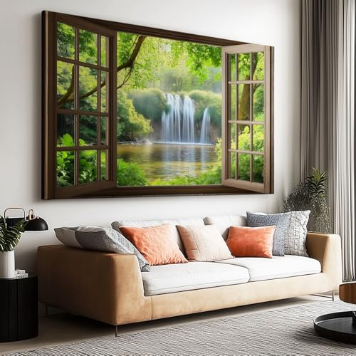 Canvas Wall Art 3D Waterfall Nature Scene Outside Window Poster Canvas Painting Print For Living Room Wall Art Pictures Home Decorative 160L x 80W CM (63 x 32) Frameless