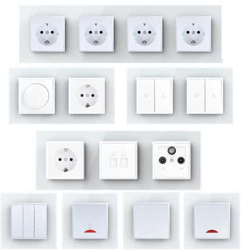LINA Interruptor de luz con enchufe, interruptor de conmutación, regulador de intensidad, interruptor de pared, marco de cristal, enchufe de pared UP VDE (enchufe de 2 enchufes)