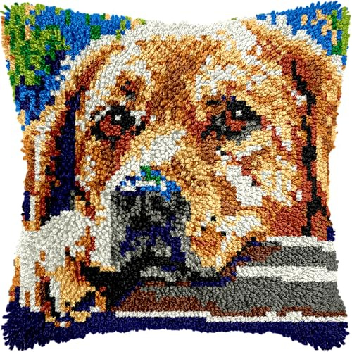 Labrador Dog Latch Hook Kits Pillow DIY Rug Crochet Hook Cushion Making Kits Preprinted Pattern Canvas DIY Handmade Rug Pillow Hooking Kits for Home Decor 43x43cm (G72)