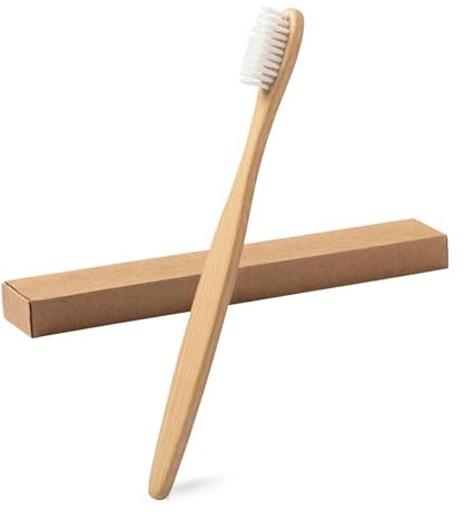 Pack de 50 cepillos de dientes de bambú - cerdas suaves - ecológicos y biodegradables - caja individual de cartón reciclado - cepillos dentales sostenibles - para hoteles, viajes o uso diario