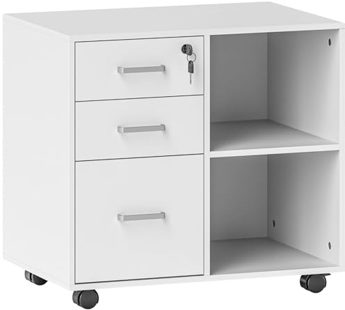 HOMCOM Druckerständer mit 3 abschließbaren Schubladen, Aufbewahrungsschrank auf Rollen, Büroschrank mit offenen Regalen, 60 x 40 x 56 cm, Weiß