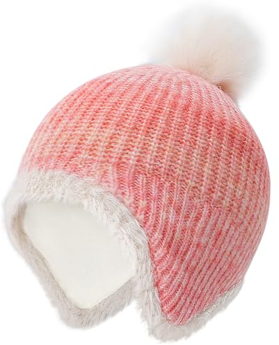 MASOCIO Kids Girl Winter Hat Girls Fleece Lining Warm Bobble Beanie with Ear Flaps 4 5 6 7 8 9 Toddler Children Thermal Knitted Caps with Pom Pom Age 3-10 Years Pink