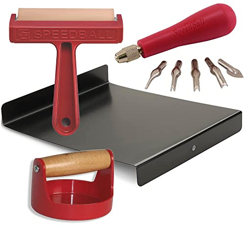 Speedball Block Printing Tool Set (4-Piece) - Includes Linocut Carving Tool, Roller Brayer, Printmaking Baren, and Bench Hook - Made in USA