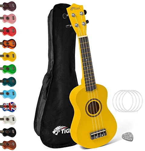 Tiger UKE7-YL ukulele soprano giallo per principianti | Include custodia, plettro in feltro e corde di ricambio, con corde Aquila per migliore intonazione.