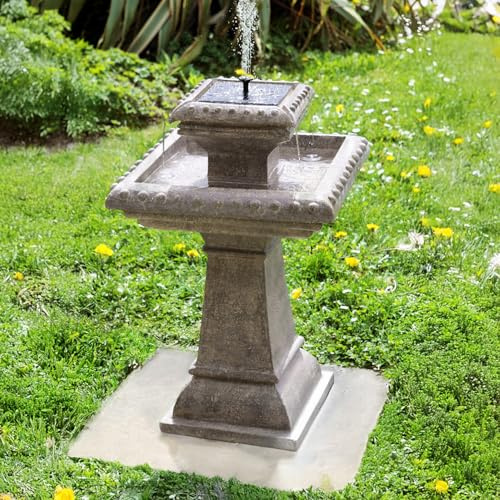 Primrose 80cm Stone Effect Solar Powered Pizzaro Solar Bird Bath 2 Tier Water Feature with Lights Outdoor Feature