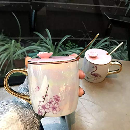 Kirschblüte Tasse Kaffeetassen mit Löffel Deckel Tee Cup 350ML/12oz Keramik Kaffeebecher Becher perfekt für Kaffee und Wasser, Spülmaschinenfest Für Geschenk Und Haushalt (Kirschblüte)