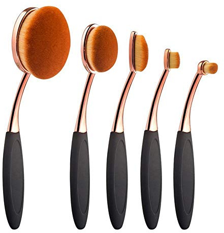 Lot de 5 pinceaux à tête ovale, brosse à dents ovale souple et professionnelle pour crème, fond de teint, contour, anti-cernes, fard à paupières (or rose)