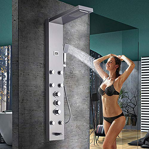 Black Nickel Rainfall Waterfall Shower Panel Massage Jets Shower Column Thermostatic Mixer Shower Faucet Tower Shower Tub Spout-Brushed Nickel