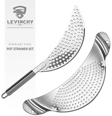 LEVINCHY Pot Strainer Set 2 Pieces Stainless Steel Strainers Set, Easy Draining Durable Dishwasher Safe, Work for All Cooking Kitchenware, Noodles Pasta Fruit Veggies Food Strainers