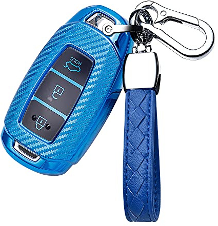 HIBEYO Smart Autoschlüssel Hülle Passt für Hyundai Schlüsselgehäuse Schutzhülle Cover TPU für Hyundai Kona i10 i30 ioniq Tucson Santa Fe Schlüsselanhänger Funkschlüssel Schlüsselbund 3-Tasten-Blau