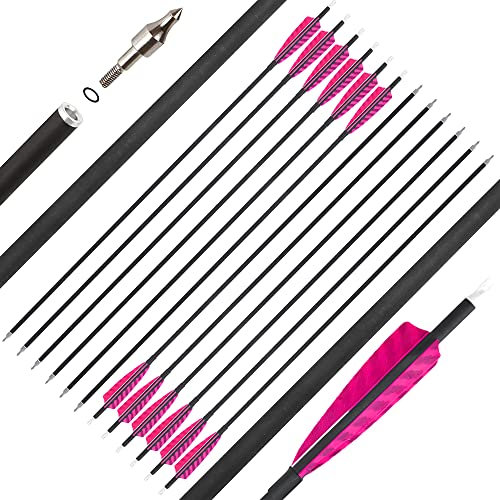 SHARROW 12Pcs Carbonpfeile 32 Zoll Carbon Pfeile für Bogenschießen Spine 500 Carbon Pfeile Carbon Jagdpfeile mit 4 Zoll Natürliche Federn Pfeile für Recurvebogen Compoundbogen (Rosa)