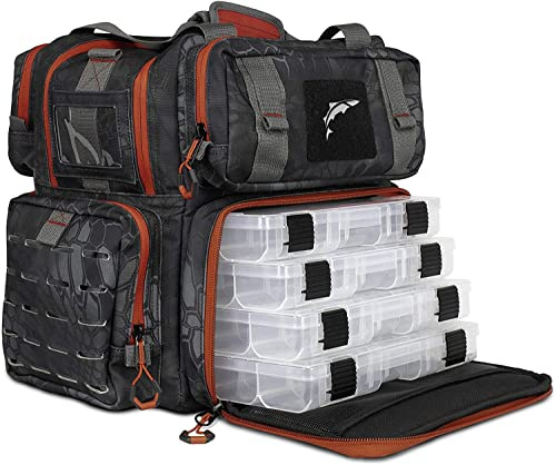 Ego Kryptek Tackle Box, Angelpackung mit 4 Zubehörschalen, Wasserabweisendes PVC, Mehrere Aufbewahrungstaschen, Werkzeugtasche, G-Haken-Verschlusssystem