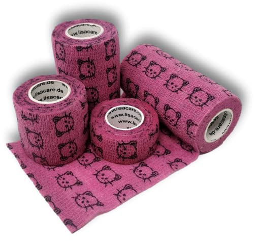 LisaCare Adhesive Bandage - 4er-Set 2,5-10cm breit Mädchen Pflaster | Hund Pfoten Tape Set (Katze rosa) - Kohäsive Bandage - Wundverband, Fixierverband, Pflaster