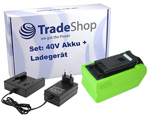 Trade-Shop Set: Li-Ion Akku 40V 4000mAh + Ladegerät für Cramer Heckenschere 40HD61, Teleskop-Heckenschere 40PHA, Allett Liberty 35 43 Spindelmäher
