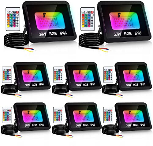 Ikodm 8er 30W RGB Strahler mit Fernbedienung, LED Flutlicht Bunt Dimmbar Fluter scheinwerfer, 16 Farben 5 Modi, Wasserdicht Memoryfunktion für Aussen Innen Wegbeleuchtung Pfadbeleuchtung