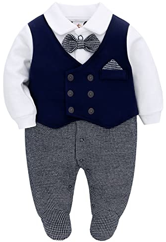 famuka Bebé Niños Esmoquin de niño Traje de Pelele de recién Nacido Traje de Fiesta de Bautizo Ropa de una Pieza (Marina,3M)