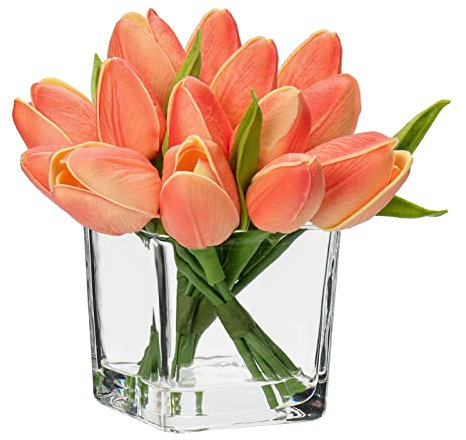 14 Flores Artificiales en jarrón de Tacto Real, Tulipanes Falsos en Cubo, jarrón de Cristal con Agua sintética, melocotón, Ramo de Tulipanes sintéticos, arreglo para el hogar, Oficina, Boda, Mesa