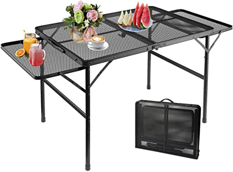 SKIKEN Klappbarer Familien-Campingtisch mit 2 Flügelplatten, Metall-Grilltisch mit Netz-Tischplatte, 2 verstellbare Höhen, großer Picknick- & Outdoor-Tisch, 2 Seitenablagen, leicht (1,2 m, Schwarz)