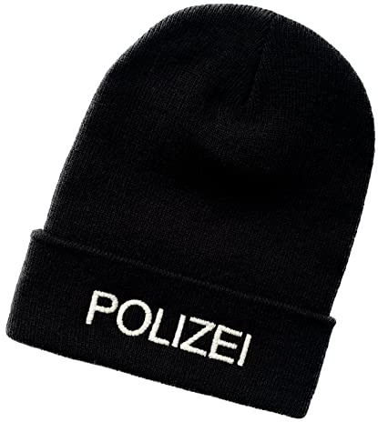 Schnoschi Strickmütze mit Breiten Umschlag (Beanie Mütze) mit Polizei Bestickt für Herren, Damen, Jugendliche und Kinder