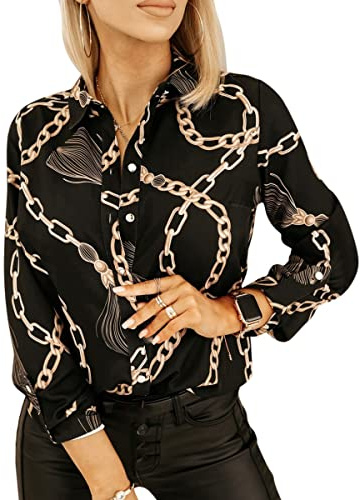 Minetom Chemisier Femme Elégant Col en V Manches Longues Imprimé Blouse avec Boutons Chemise Travail Bureau Tunique Shirt Haut Top A Noir M