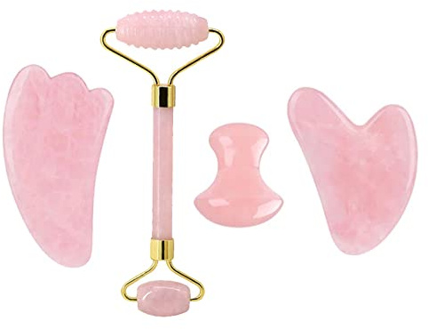 Rosenquarz-Gesichtsroller Und Gua Sha-Set Natürlicher Jade-Gouache-Schaber Gua Sha-Massage-Quarz-Roller Gesichtslifting-Massagewerkzeug,Typ 4