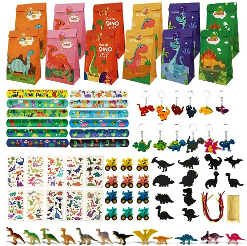 FINEASY Dinosaurier Party Mitgebsel Kindergeburtstag,Kindergeburtstag Gastgeschenke,Schnapparmband Aufkleber Schlüsselanhänger Tattoo,Dinosaurier Spielzeug Dino Geburtstag Deko für Kinder