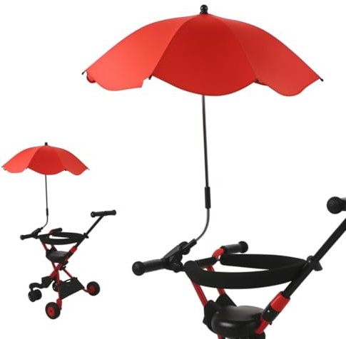 Tonysa Ombrellone per Passeggino, 14 Pollici, Universale, Regolabile a 360 Gradi, Pieghevole, con Morsetto, Rosso