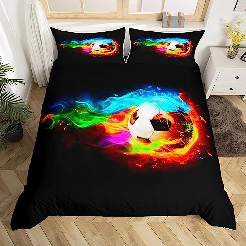 Bunte Flamme Fußball Bettbezug Set L Größe,Kinder Fußball Sport Spiele Tröster Abdeckung,Jungen Teens Mode 3D Fußball Bettwäsche Set,Cool Modern Schlafzimmer Dekor Schwarz Quilt Cover,2 Kissenbezug