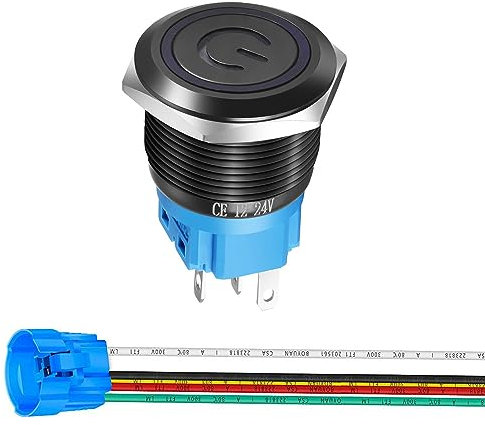 Interruptor de Botón con Pestillo de Acero Inoxidable de 19mm 12-24 V/5 A Símbolo de Alimentación LED 1NO1NC ON Off, Interruptor de Palanca Impermeable con Enchufe de Cable (LED Azul/Carcasa Negra)