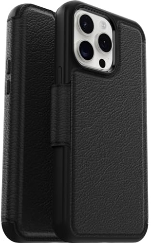 OtterBox Strada Case for iPhone 15 Pro Max for MagSafe, Shockproof, Drop proof, Premium Leather Protective Folio with Two Card Holders, 3x Tested to Military Standard, Black