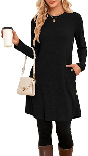 NARRAME Abiti Invernali da Donna Midi a Maniche Lunghe con Bottoni Causali Abito a Tunica Laterale con Tasche Nero Medio