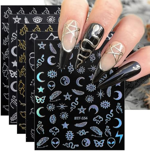 JMEOWIO Nagelsticker Mond Stern Sonne 9 Blatt Nail Art Sticker Selbstklebend Nagelaufkleber Schlange Bunt Dekoration Nageldesign Zubehör