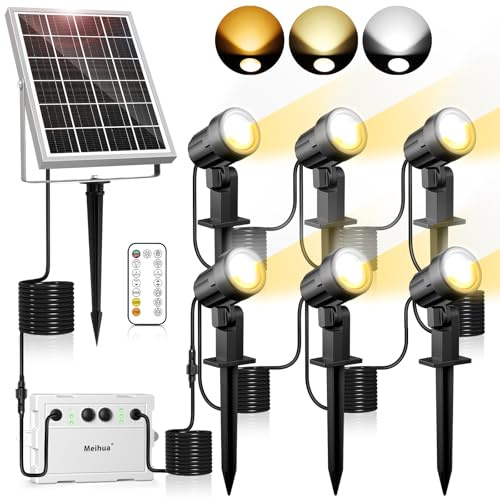 MEIHUA 6 in 1 Solar Spotlights Outdoor Garden 2700K/4000K/6500K Spike Light | IP66 Waterproof Landscape Spotlights with Remote Control 3 Brightness 2 Modes for Yard Lawn Tree Statue Patio Balcony