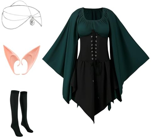 NFAOEGJ - Abito medievale da donna - Tradizionale abito gotico irlandese per Halloween e cosplay - Abito rinascimentale con orecchie da elfo, accessori per capelli e calze overknee (Verde, XXL)