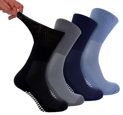 Dr.Socks 4-pack diabetesstrumpor i bambu med grepp | Herr & Dam | Extra breda toffelstrumpor för svullna fötter och ben, BNG, 46-48 EU